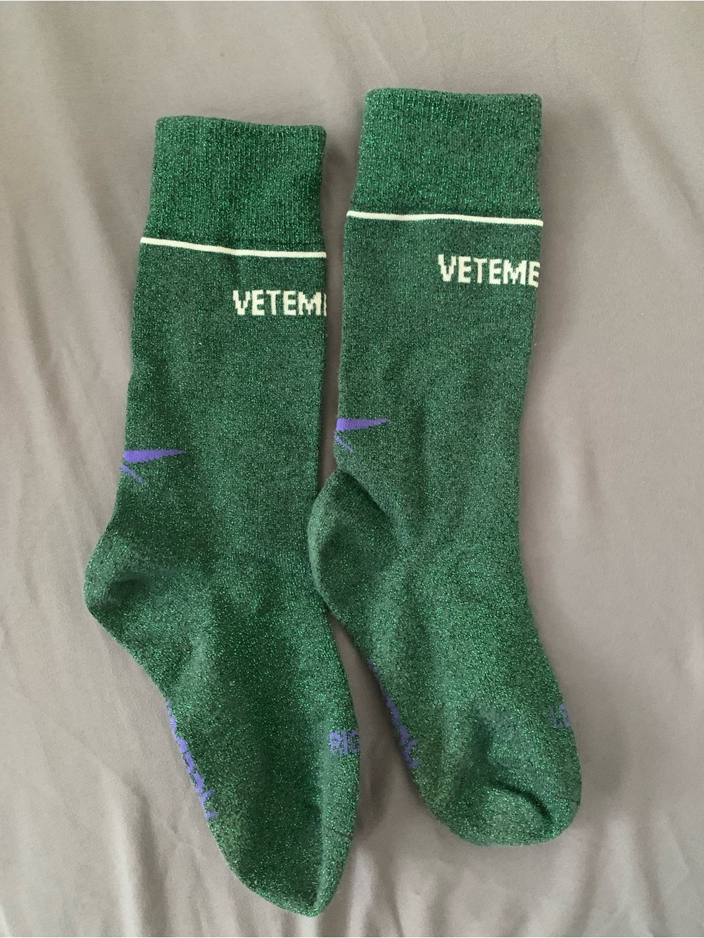 Vetements Emerald Green Glitter Crew Socks with Purple Accents